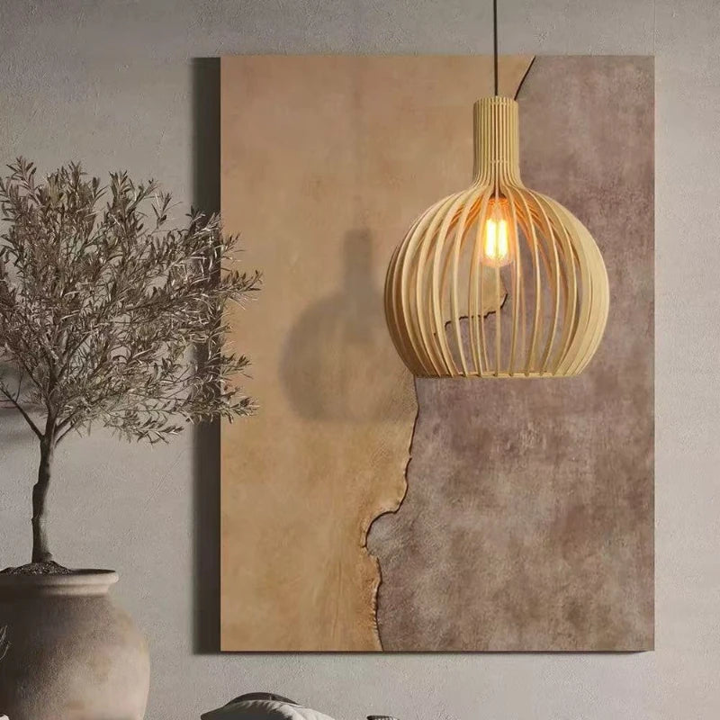 Restaurant Birdcage Handmade Wabi-sabi LED Pendant Light Black White Blue Walnut Color Chandelier Home Decor Lamps Hollow Design