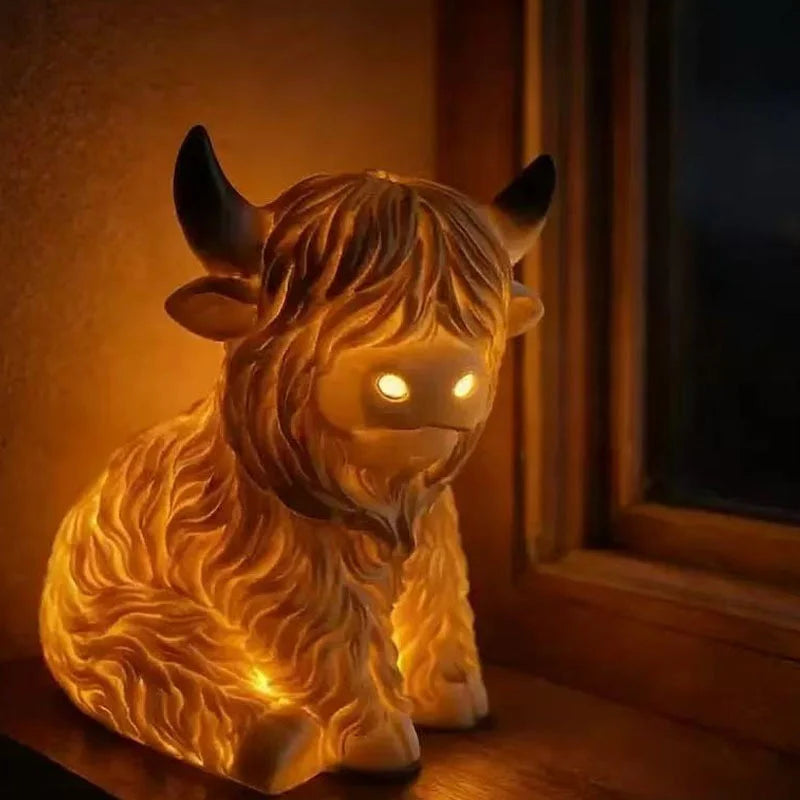 Highland Cattle Table Lamp Resin Night Light Bedside Desk Home Decor Whimsical Rustic Cozy For Animal Lovers Kids Holidays Gift