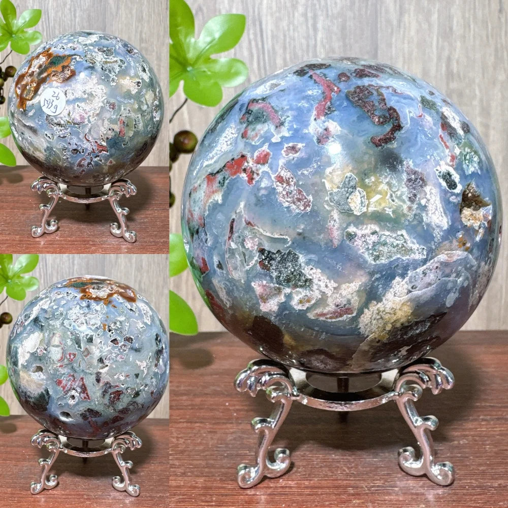 1PCS Natural Colourful Ocean Jasper Sphere WIth Druzy And Crack Raw Geode Healing Crystals Reiki Energy Home Decor +Stand
