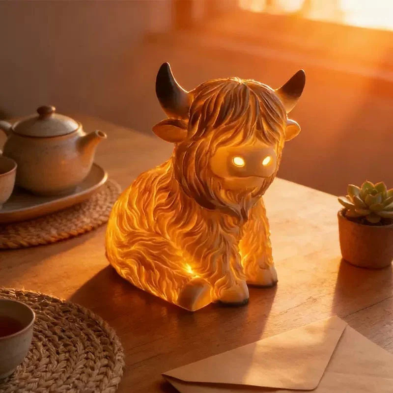 Highland Cattle Table Lamp Resin Night Light Bedside Desk Home Decor Whimsical Rustic Cozy For Animal Lovers Kids Holidays Gift