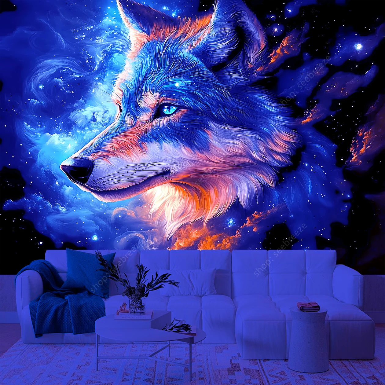 Wolf UV Reactive Tapestry Minimalist Abstract Art Hippie Tapitz Witchcraft Mysterious Tapestries Bedroom Living Room Home Decor