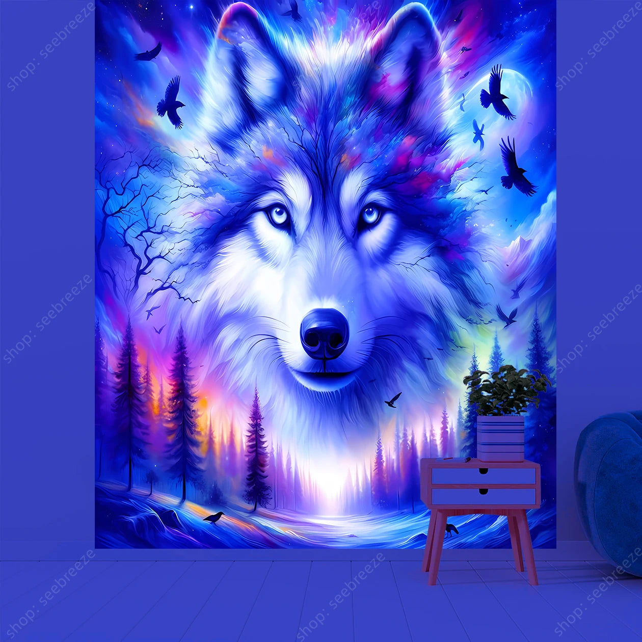 Wolf UV Reactive Tapestry Minimalist Abstract Art Hippie Tapitz Witchcraft Mysterious Tapestries Bedroom Living Room Home Decor