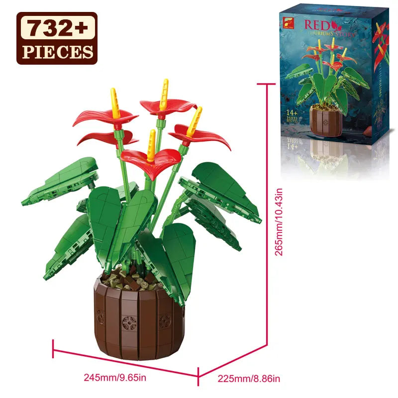 732PCS Simulation Flower Bouquet Model Kit DIY Puzzle Building Blocks Small Particle Bricks Permanent Home Decor Gift for Girls