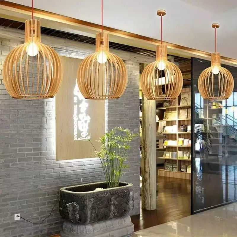 Restaurant Birdcage Handmade Wabi-sabi LED Pendant Light Black White Blue Walnut Color Chandelier Home Decor Lamps Hollow Design