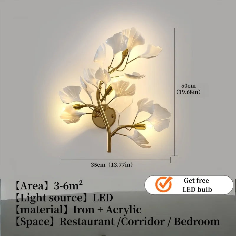 Luxury Gold Ginkgo Leaf Wall Sconce Modern LED Wall Lamp Creative Flower Wall Light Fixture for Bedroom Living Room Home Decor