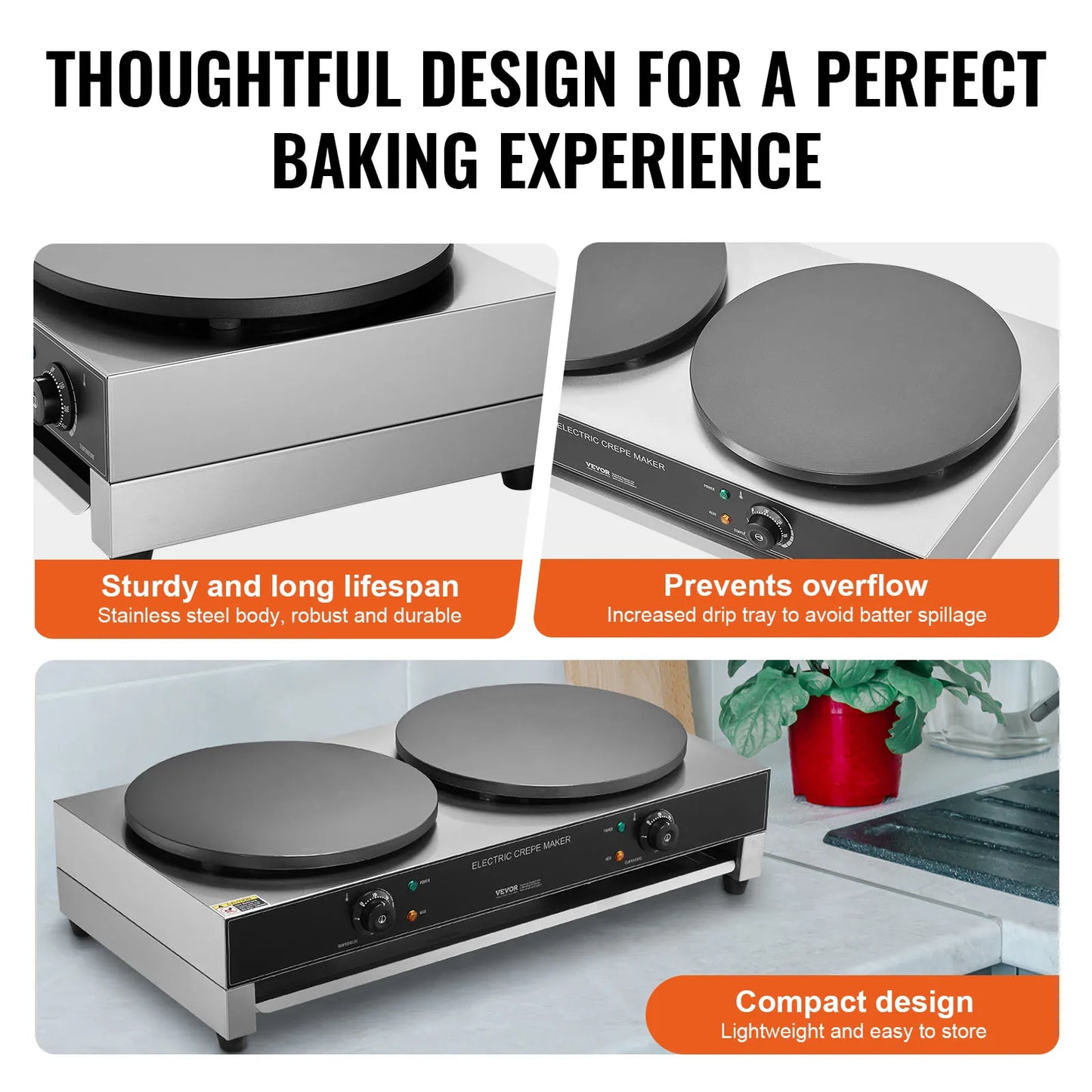 SucceBuy 16inch Electric Crepe Maker Double Head Commercial Crepe Machine 3400W Flat Plate Crepe Griddle Nonstick Pancake Stove