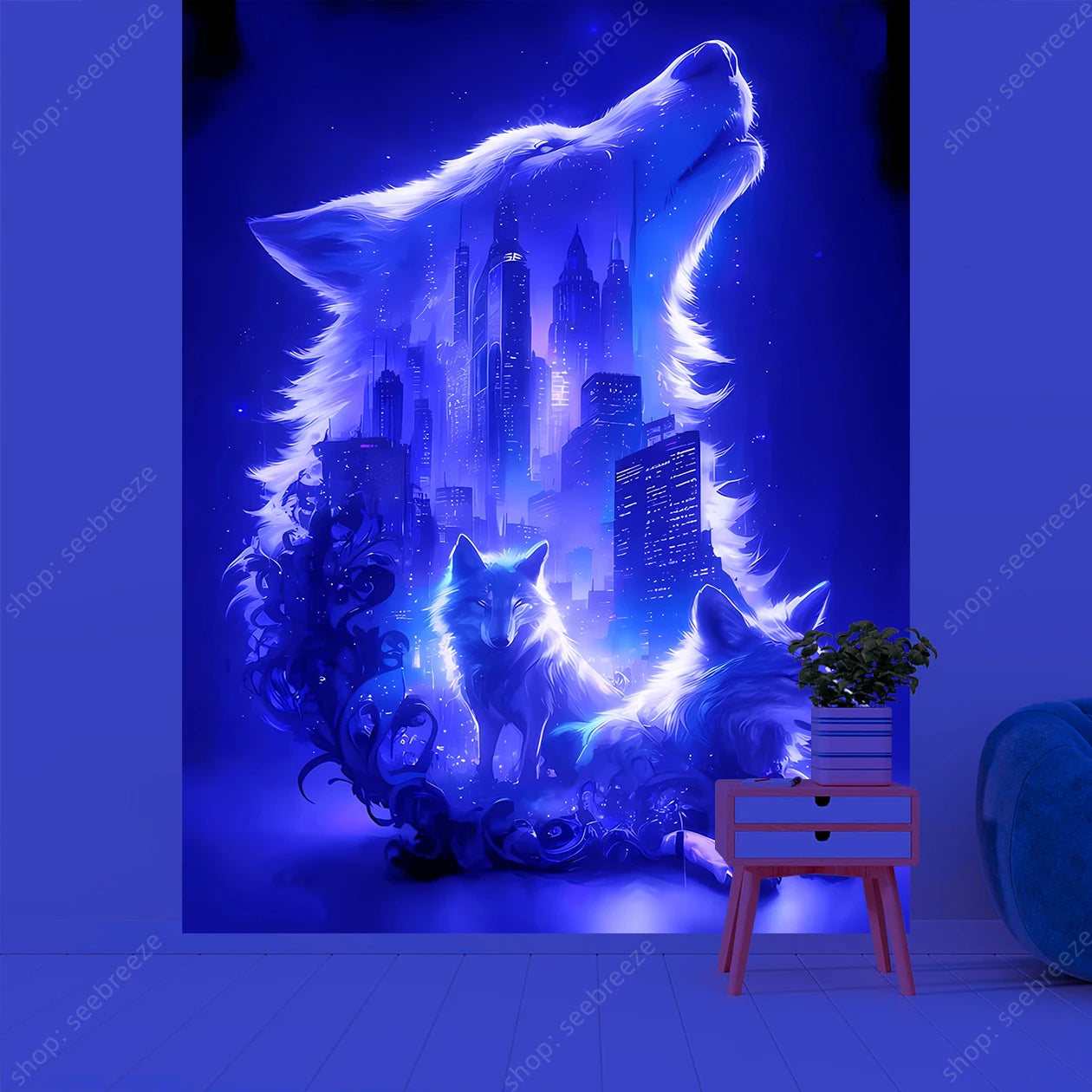 Wolf UV Reactive Tapestry Minimalist Abstract Art Hippie Tapitz Witchcraft Mysterious Tapestries Bedroom Living Room Home Decor