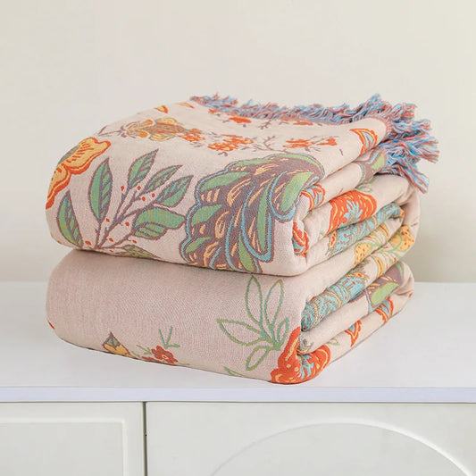 Bohemian Floral Throw Blanket Cotton Gauze with Tassel Fringe Vintage Jacquard Design Bedspread Sofa Cover Thermal Home Decor