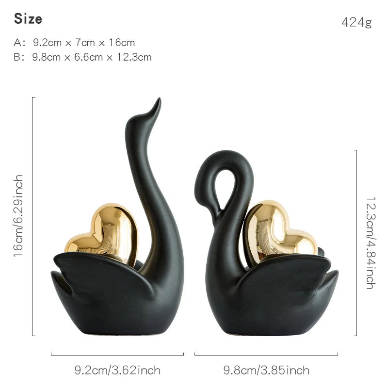 Love Couple Swan Ornament Ceramic Crafts Golden Love Sculpture White ceramic swan figurine  TV cabinet Home decor accessories