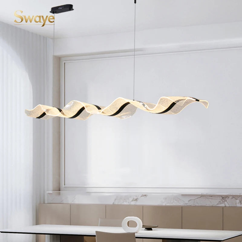 Nordic Creative Stylish LED Chandelier Long Wave Pendant Light Restaurant Bar Lamp Dining Room Ceiling Hanging Lights Home Decor
