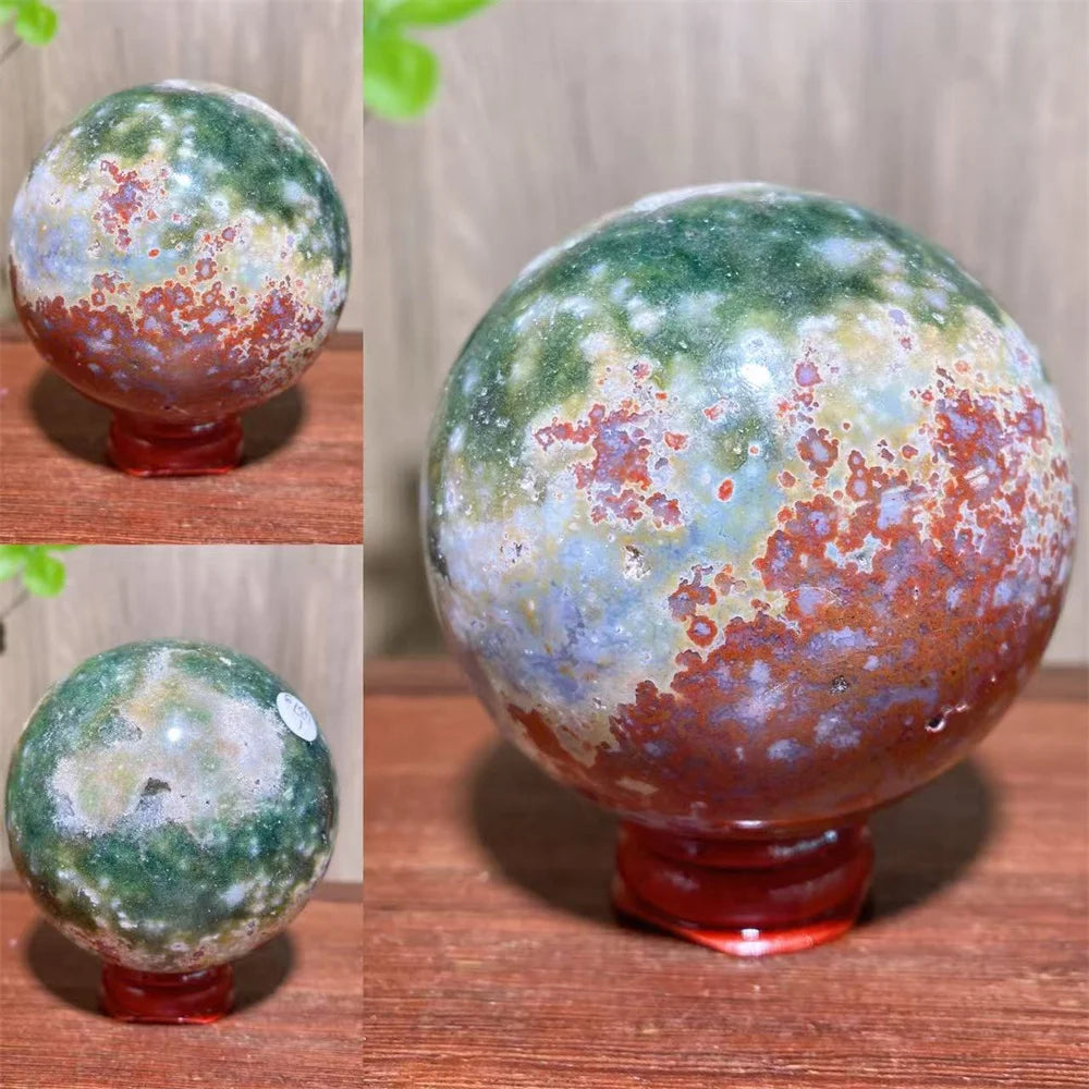 1PCS Natural Colourful Ocean Jasper Sphere WIth Druzy And Crack Raw Geode Healing Crystals Reiki Energy Home Decor +Stand