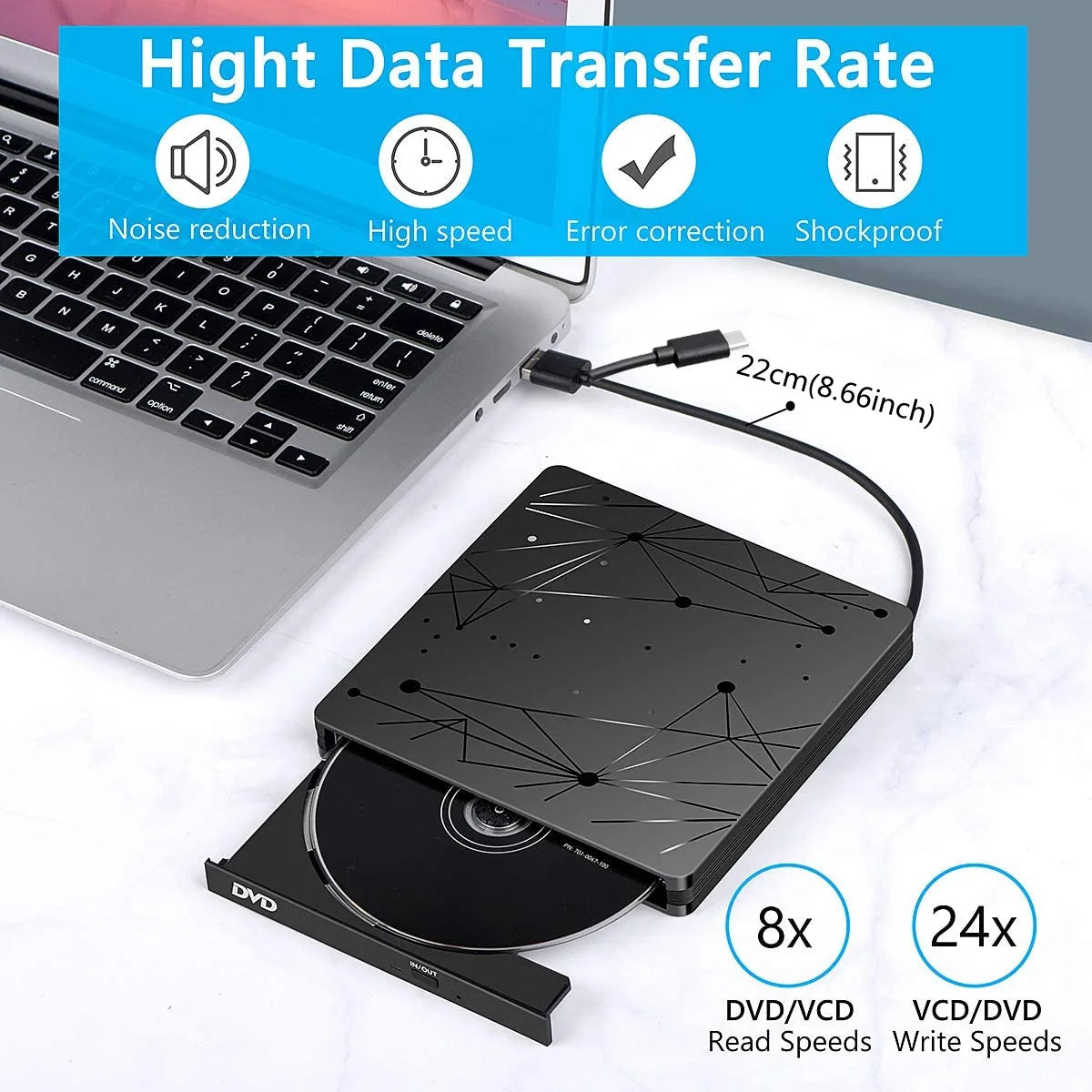 USB3.0 Type-C External 2-In-1 DVD Burner RW CD Slim Optical Drives Reader Player Writer Portable CD-ROM DVD-RW for Laptop PC