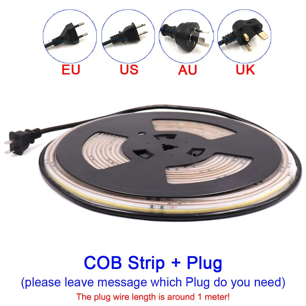 IP67 COB LED Strip AC 110V 120V 130V 220V 230V 240V Super Bright FOB COB LED Tape Ribbon Lights 10m 20m 30m 50m for Home Decor