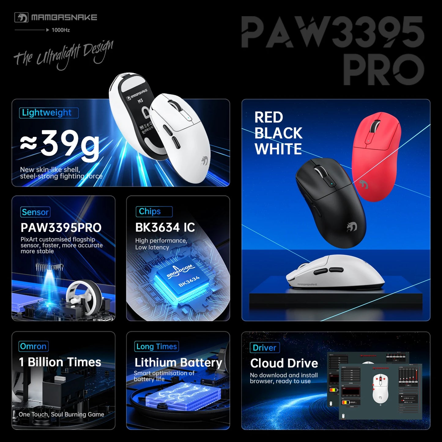 ATTACK SHARK * MAMBASNAKE M3 39g SUPERLIGHT Mouse, PixArt PAW3395PRO Gaming Sensor, 6 Adjustable DPI up to 40000,200 Hrs Battery
