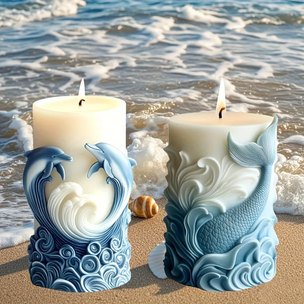 Ocean Theme Silicone Candle Mold Dolphin Column Resin Mold Fishtail Pillar Plaster Making Tool Relief Wave Design DIY Home Decor