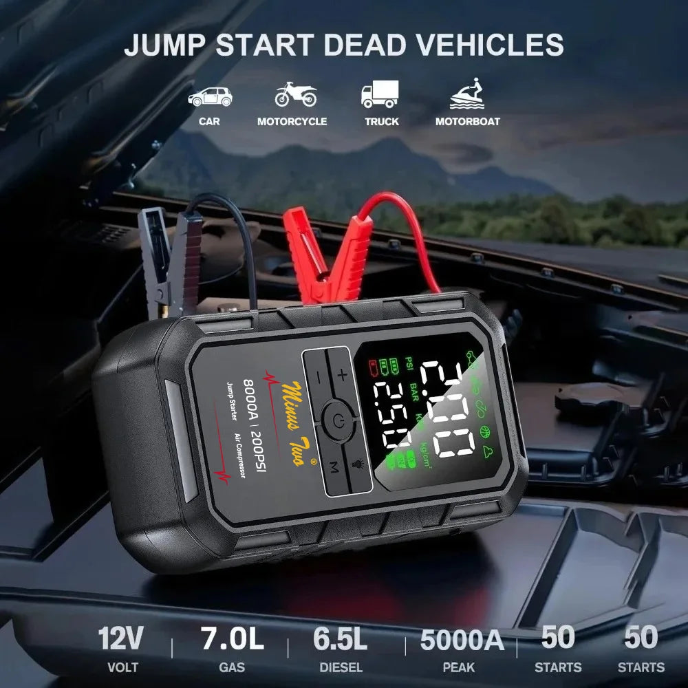 Minus Two Car Jump Starter Air Compressor with Power Bank Portable Electric Pump Battery Booster 12V Jump Box with Flashlight