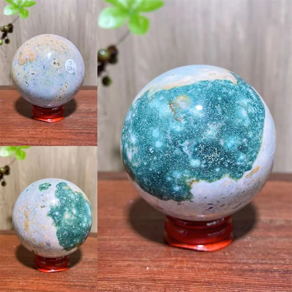1PCS Natural Colourful Ocean Jasper Sphere WIth Druzy And Crack Raw Geode Healing Crystals Reiki Energy Home Decor +Stand