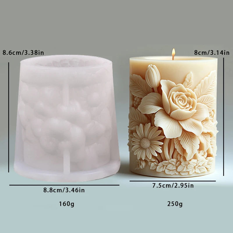 Relief Blooming Flower Cylinder Candle Silicone Mold 3D Rose Cylinder Candle Molds Valentine's Day Wedding Home Decor Mould