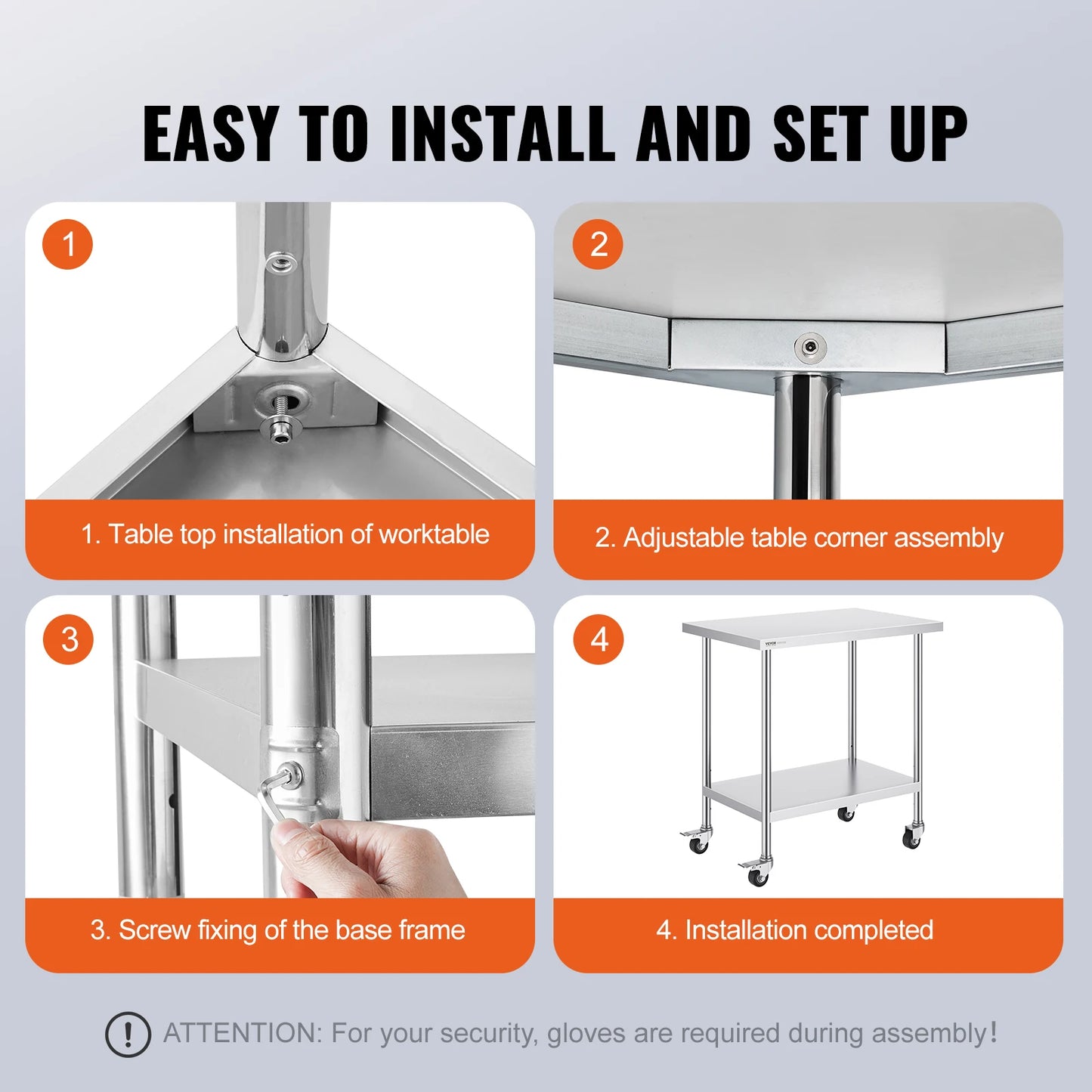 VEVOR Stainless Steel Work Prep Table with 4 Wheels 3 Adjustable Height Levels Heavy Duty Food Prep Worktable for Hotel Home