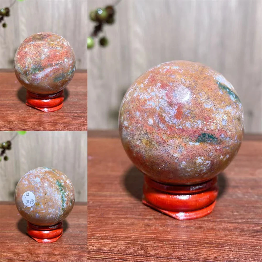 1PCS Natural Colourful Ocean Jasper Sphere WIth Druzy And Crack Raw Geode Healing Crystals Reiki Energy Home Decor +Stand