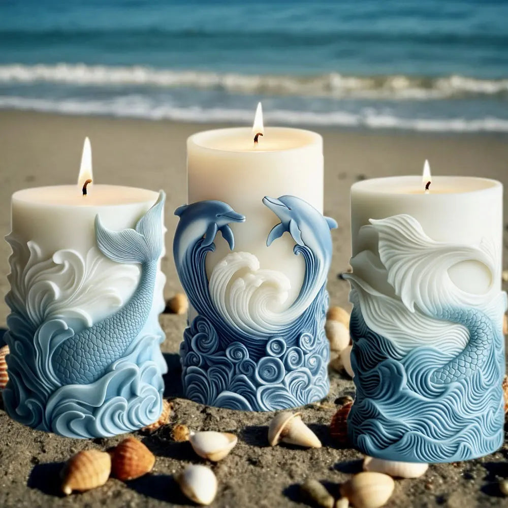 Ocean Theme Silicone Candle Mold Dolphin Column Resin Mold Fishtail Pillar Plaster Making Tool Relief Wave Design DIY Home Decor