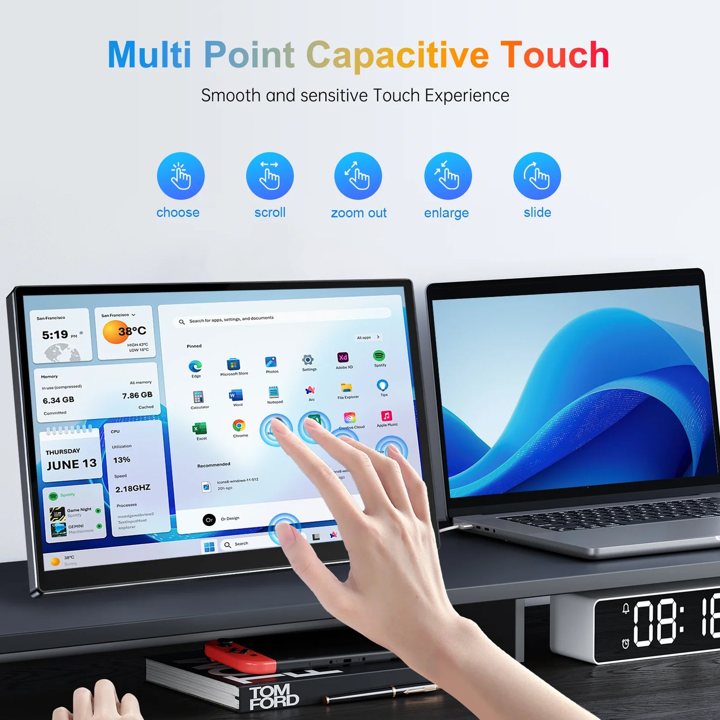 14 inch Portable Monitor Touch Screen with 1920X1200 IPS Office Computer Second Display for Laptop Phone CCTV DIY Car Syteam