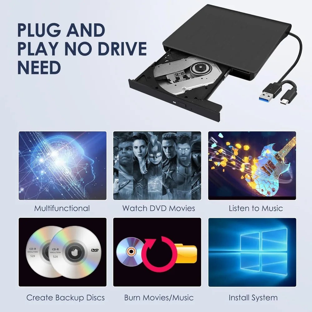USB 3.0 USB C External CD/DVD RW Drive Read Burner Portable DVD Player Optical Drives For Laptop PC Windows 11 10 Linux MacOS