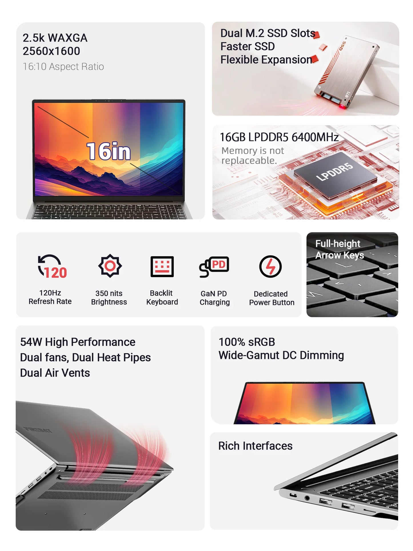 FIREBAT U6B 16" Laptop AMD Ryzen5 6600H LPDDR5 16GB RAM M.2 512GB SSD WiFi6 BT5.2 16inch 2.5K 120Hz Screen Windows11 Computer