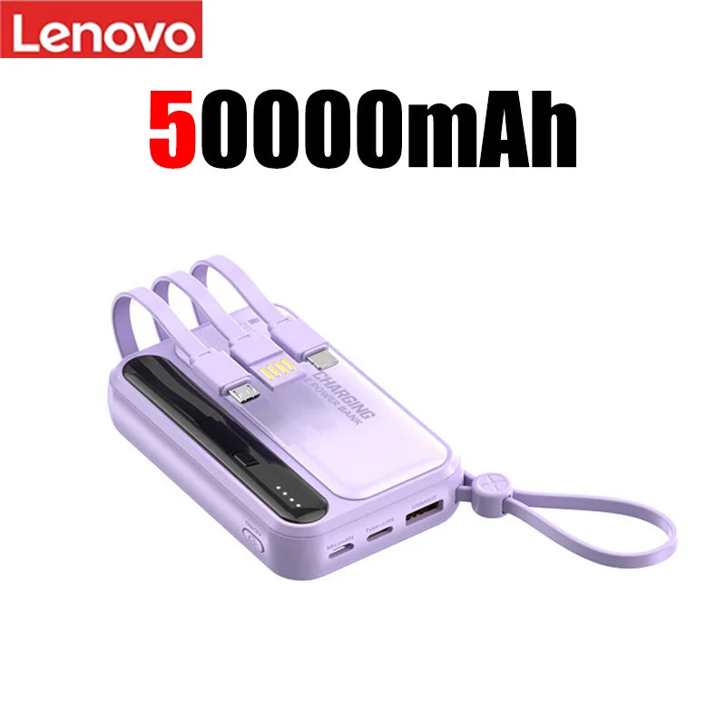 Lenovo 50000mah Large Capacity Power Bank 4in1 Built In Cables Intelligent Digital Display Light Portable Battery For Iphone New