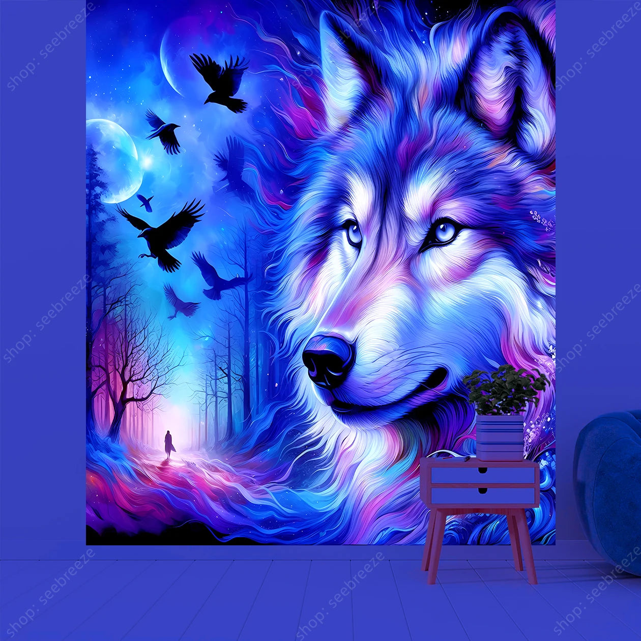Wolf UV Reactive Tapestry Minimalist Abstract Art Hippie Tapitz Witchcraft Mysterious Tapestries Bedroom Living Room Home Decor