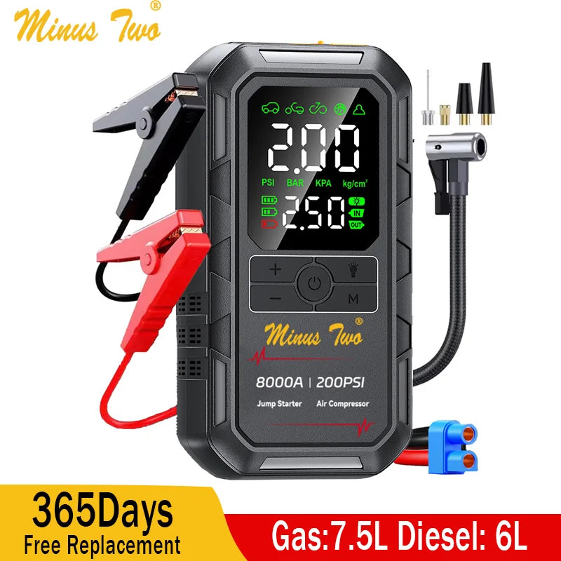 Minus Two Car Jump Starter Air Compressor with Power Bank Portable Electric Pump Battery Booster 12V Jump Box with Flashlight