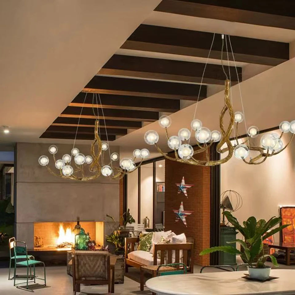Nordic Glass Bubble LED Ceiling Chandeliers Retro Resin Tree Branch Chandelier Living Dining Room Home Decor Lighting Fixtures