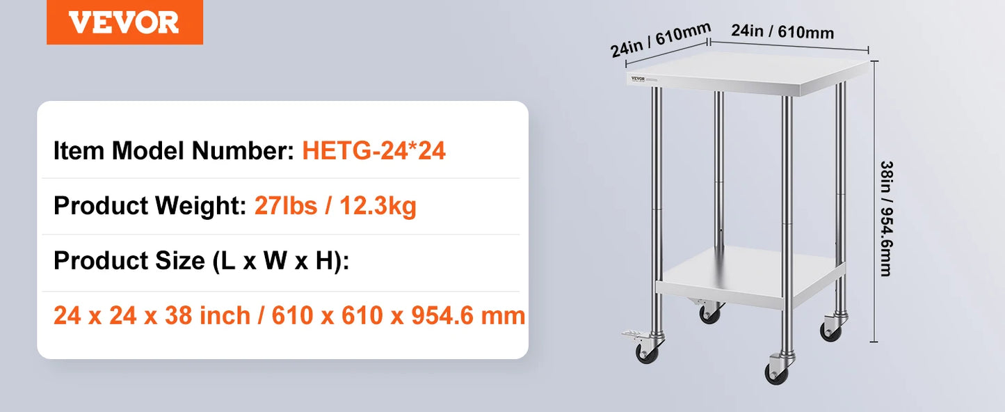 VEVOR Stainless Steel Work Prep Table with 4 Wheels 3 Adjustable Height Levels Heavy Duty Food Prep Worktable for Hotel Home