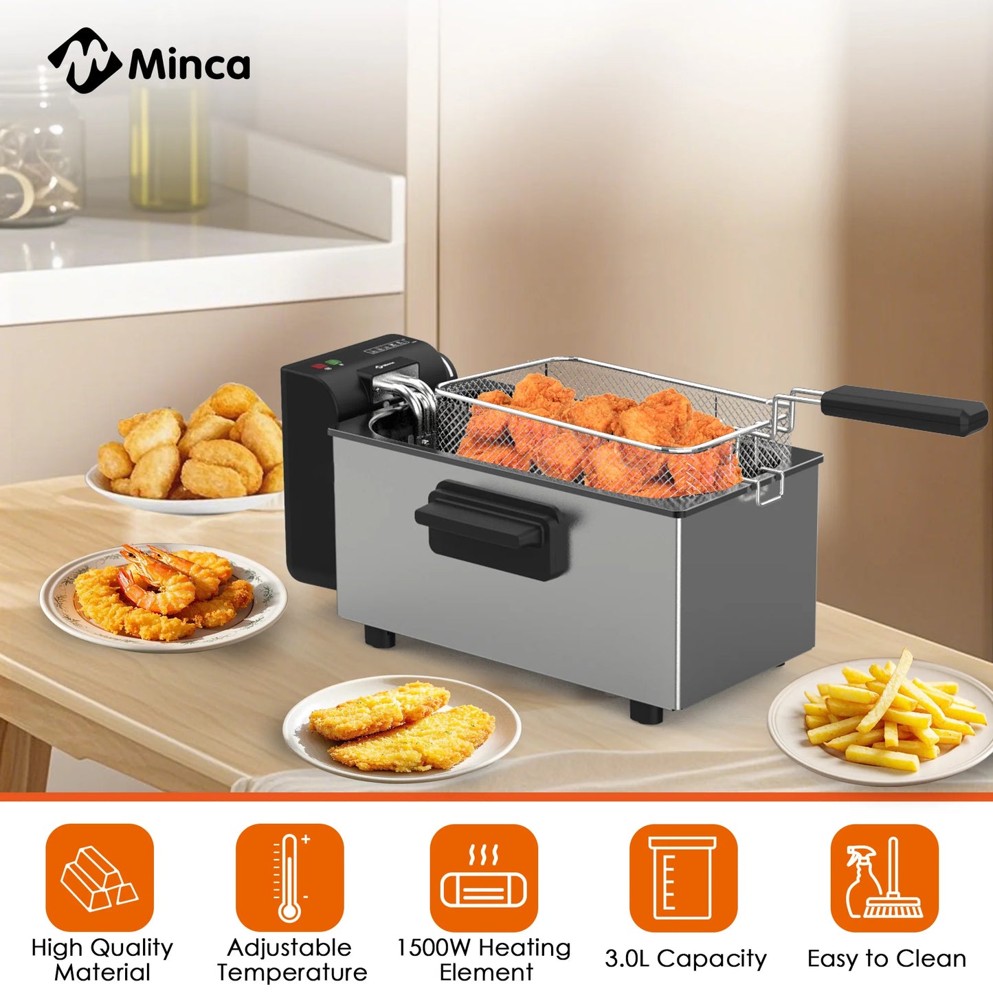 M Minca 3L Electric Deep Fryer with Hooked Fry Basket - 1500W Stainless Steel & Enamel Inner Pot, Adjustable Temperature Control