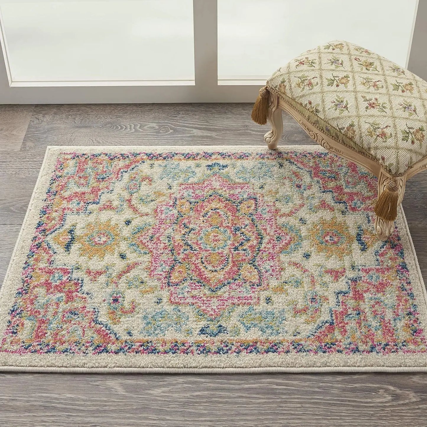 Bohemian Style Ivory and Pink Area Rug, 8' x 10', Easy Maintenance, Non-Shedding, Suitable for Bedroom, Living Room, Dining Room