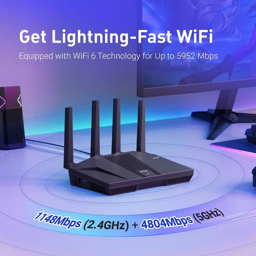 GL.iNet GL-MT6000 (Flint 2) WiFi 6 High Speed Gaming Routers for Wireless Internet, 2 x 2.5G Ethernet Ports, VPN WiFi Router