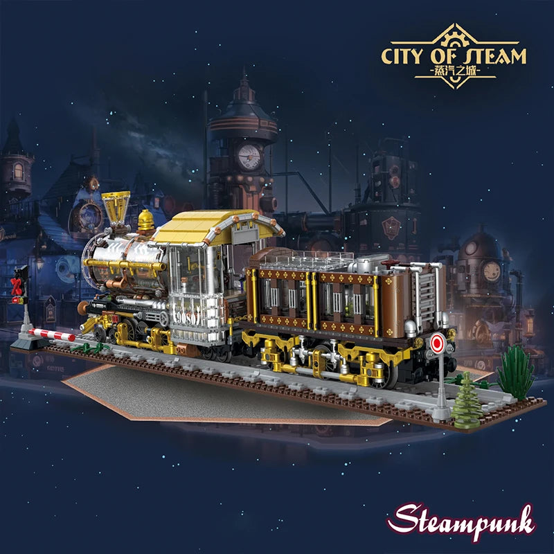 City Technical Punk Mechanical Steam Train Building Block,MOC Assembly Train Home Decor Bricks Toys,For Children Kids Boys Gifts