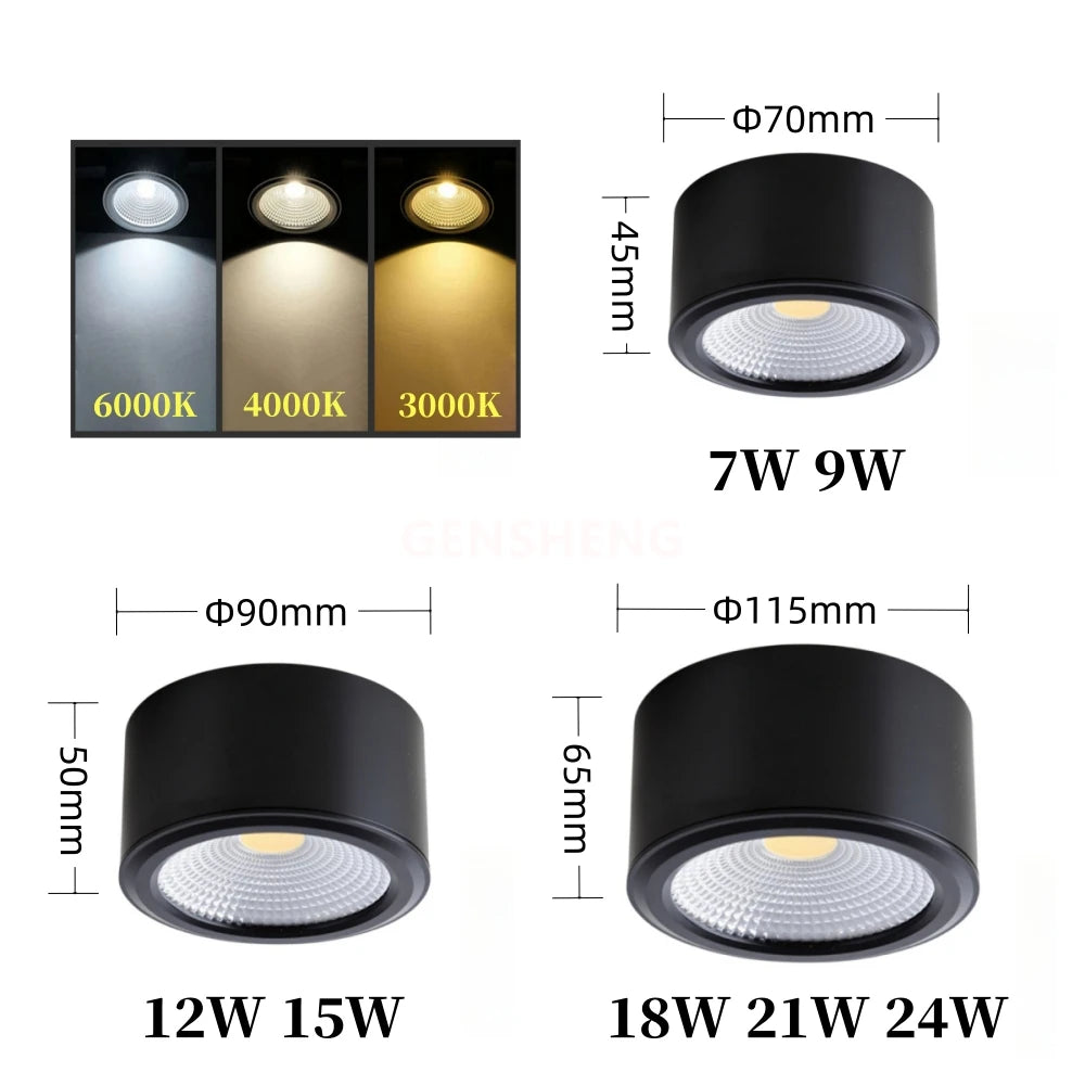LED Downlight Surface Mounted Dimmable COB Spotlight Black White 7W9W12W15W18W21W24W Indoor Lighting Home Decor LED Ceiling lamp