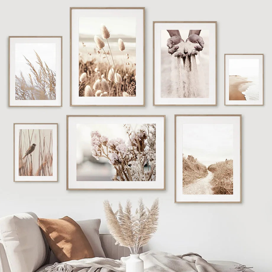 Neutral Beige Wall Art Mural Canvas Prints Boho Nature Landscape Highland Cow Coastal Pampas Grass Plant Posters Room Home Decor
