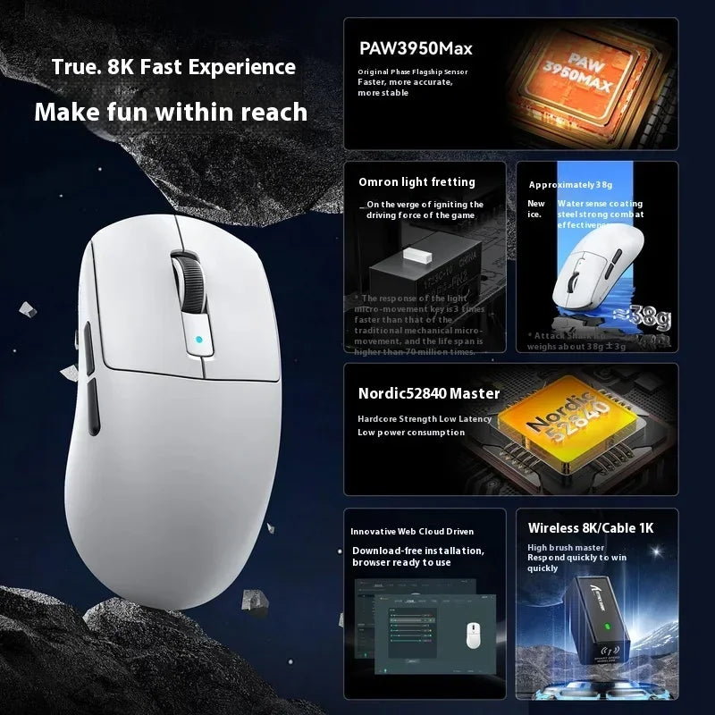 Attack Shark R6 8k Wireless 38G Lightweight Mouse PAW3950max 30K DPI Optical Switch 0.39m Low Latency Wired Gaming Mouse Gift