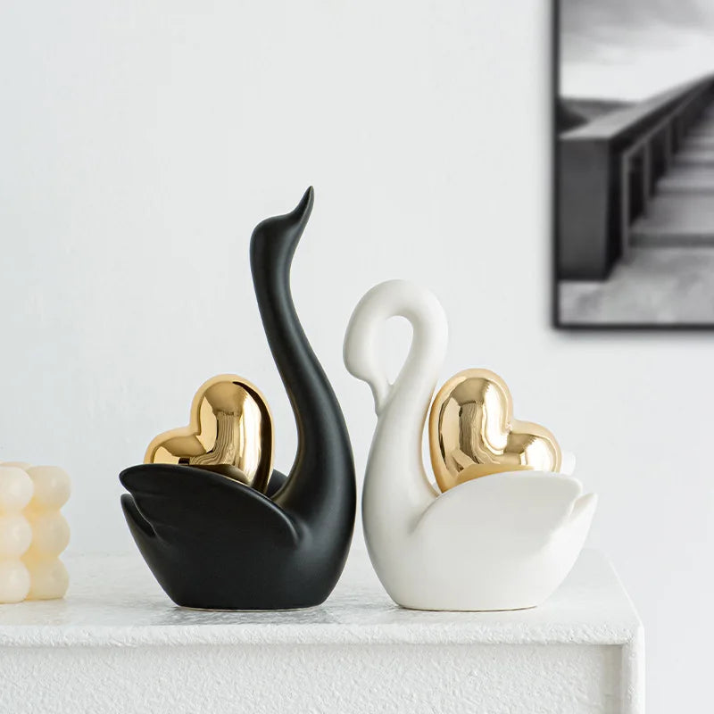 Love Couple Swan Ornament Ceramic Crafts Golden Love Sculpture White ceramic swan figurine  TV cabinet Home decor accessories