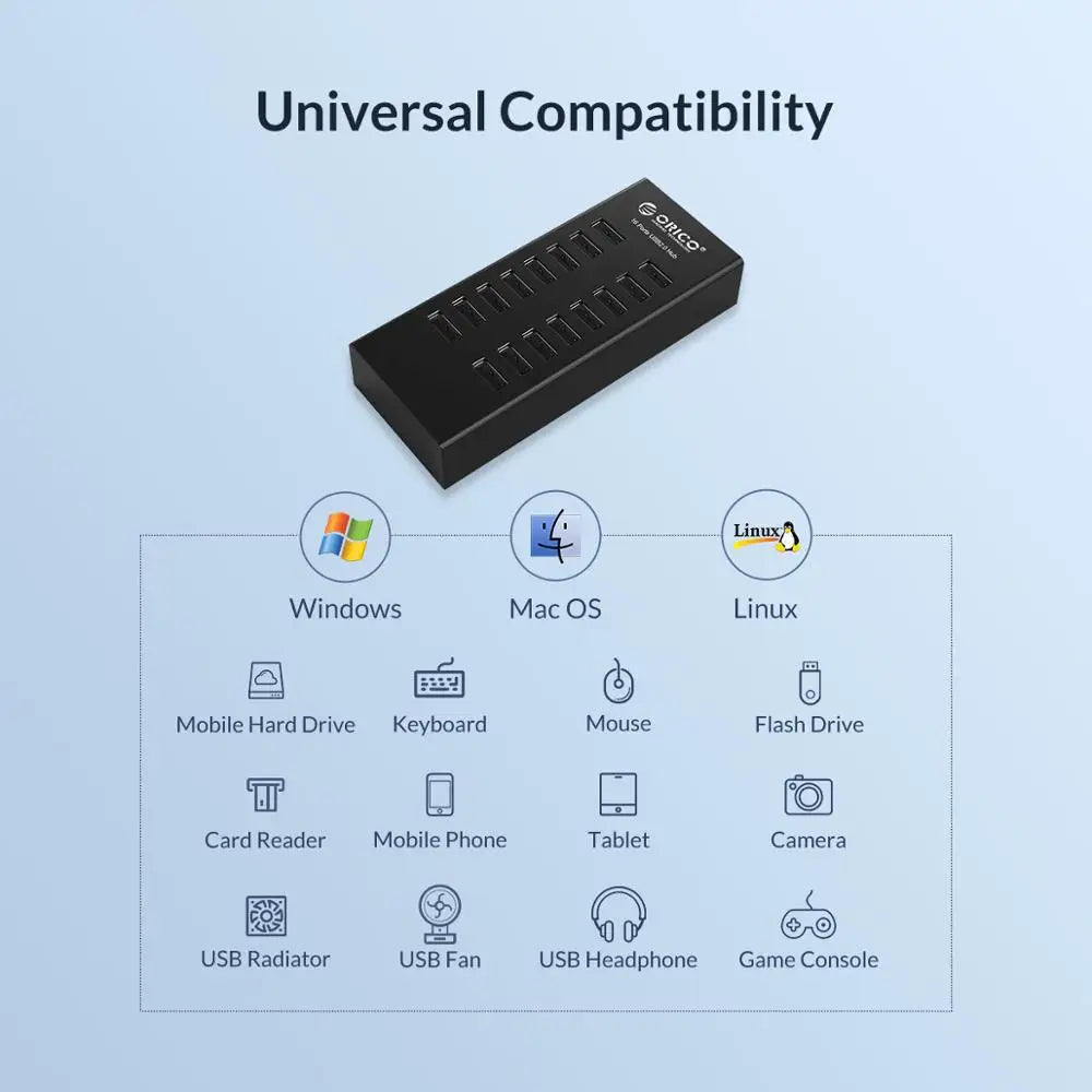 ORICO Industrial USB Hub 16 Port Aluminum USB Splitter Power Adapter Dock Station for Computer Accessories Orico Official Store