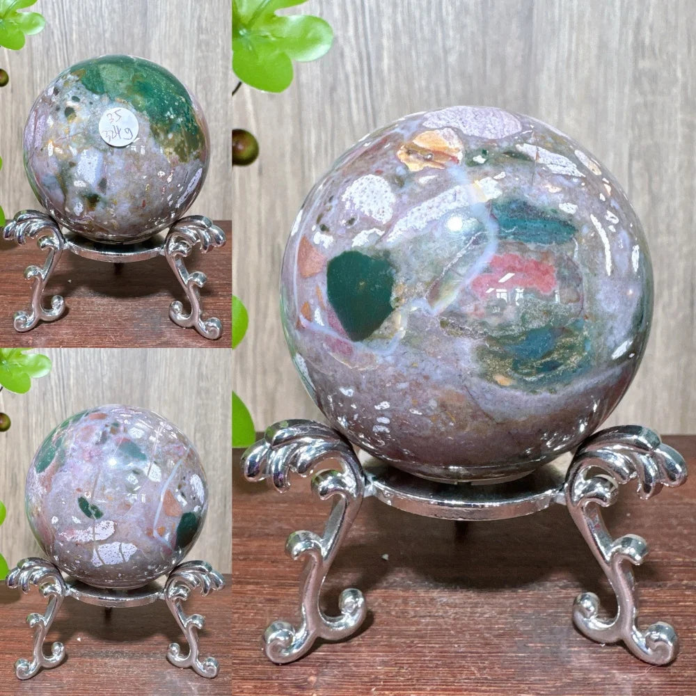 1PCS Natural Colourful Ocean Jasper Sphere WIth Druzy And Crack Raw Geode Healing Crystals Reiki Energy Home Decor +Stand