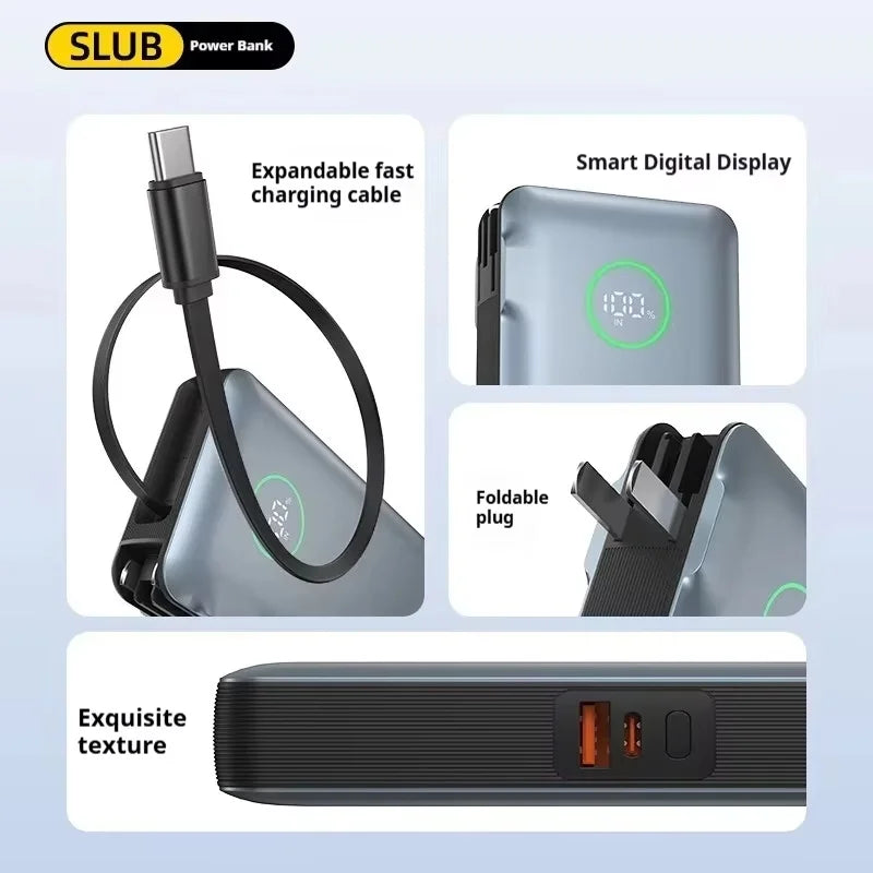 SLUB 65W Power Bank 20000mAhBuilt-in Retractable Fast Charging Cable Smart Digital Display Power Bank with Foldable AC Plug