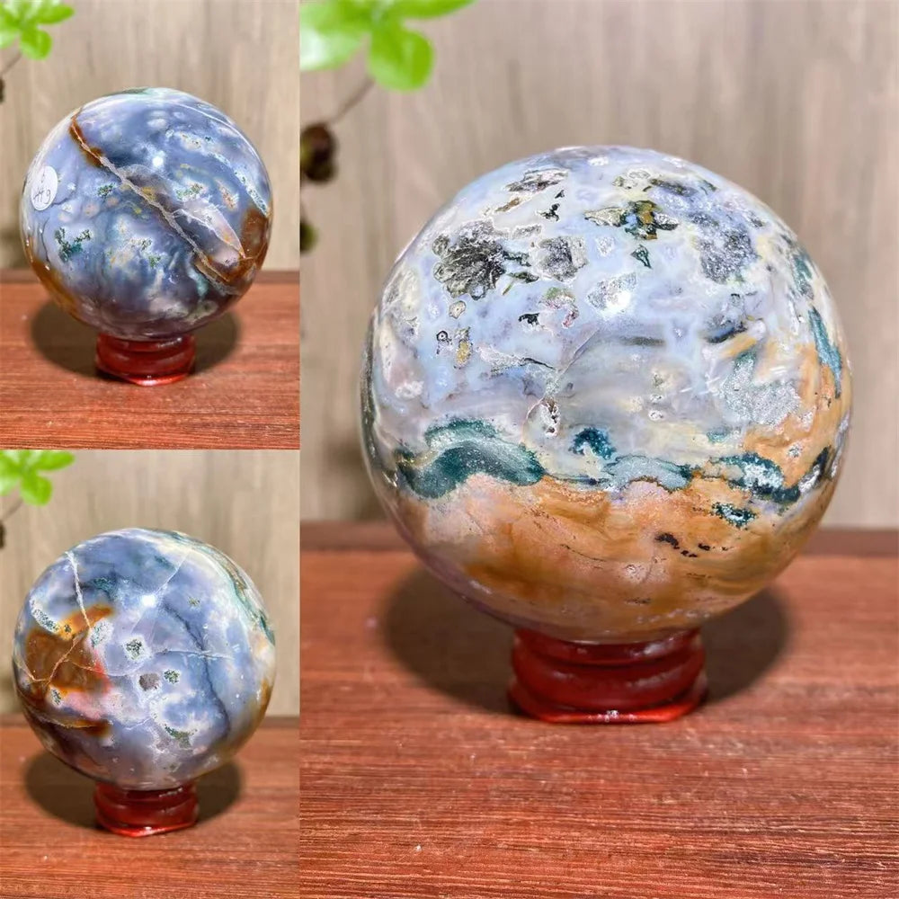 1PCS Natural Colourful Ocean Jasper Sphere WIth Druzy And Crack Raw Geode Healing Crystals Reiki Energy Home Decor +Stand