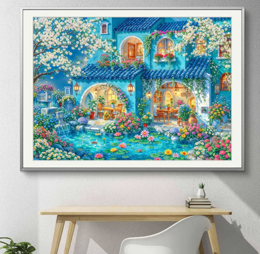 9CT 14ct Blue House Printed Kit Cross Stitch Embroidery DIY Needlework Home Decor Crafts With Needles Threads 74 Colors