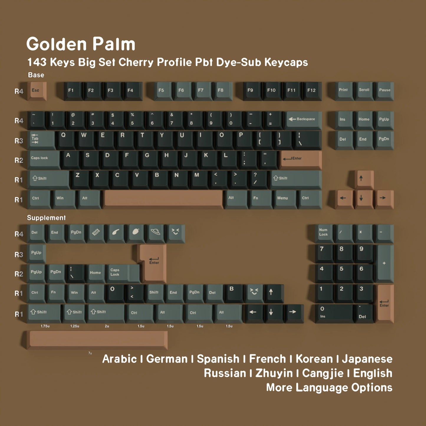 Golden Palm Dye Sub Mechanical Keyboard Keycaps Set 143 Keys German Korean Spanish Arabic French Russian ABNT-2 Big Collection
