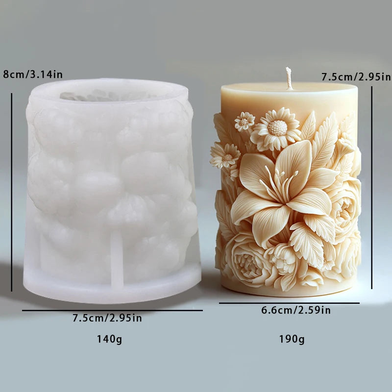 Relief Blooming Flower Cylinder Candle Silicone Mold 3D Rose Cylinder Candle Molds Valentine's Day Wedding Home Decor Mould