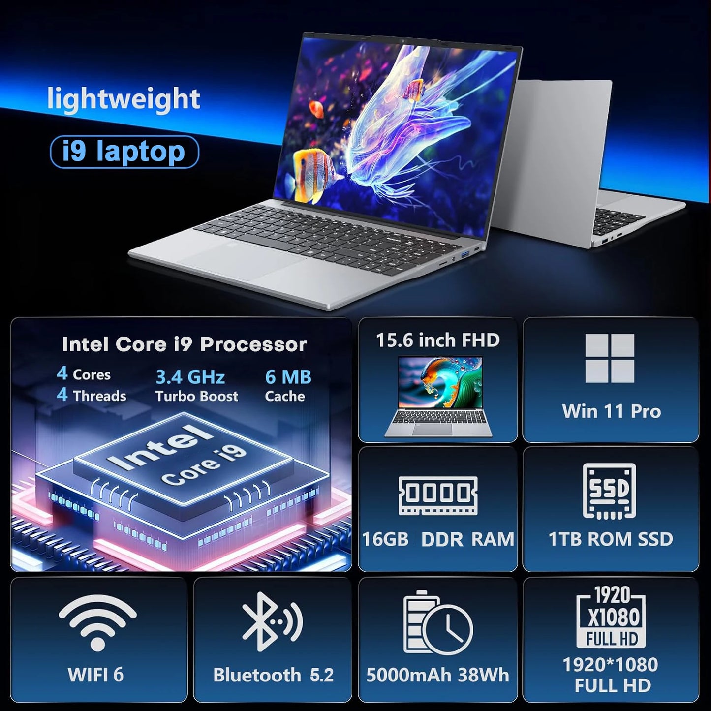 Portable 15.6" Laptop Computer Windows 11 Intel Core i9-10980HK/9900U 16GB RAM 1TB SSD Office Laptop Fingerprint Unlock Notebook