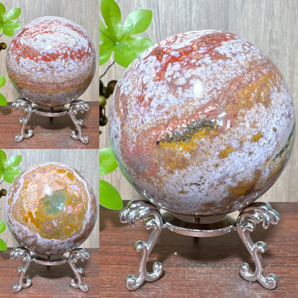 1PCS Natural Colourful Ocean Jasper Sphere WIth Druzy And Crack Raw Geode Healing Crystals Reiki Energy Home Decor +Stand
